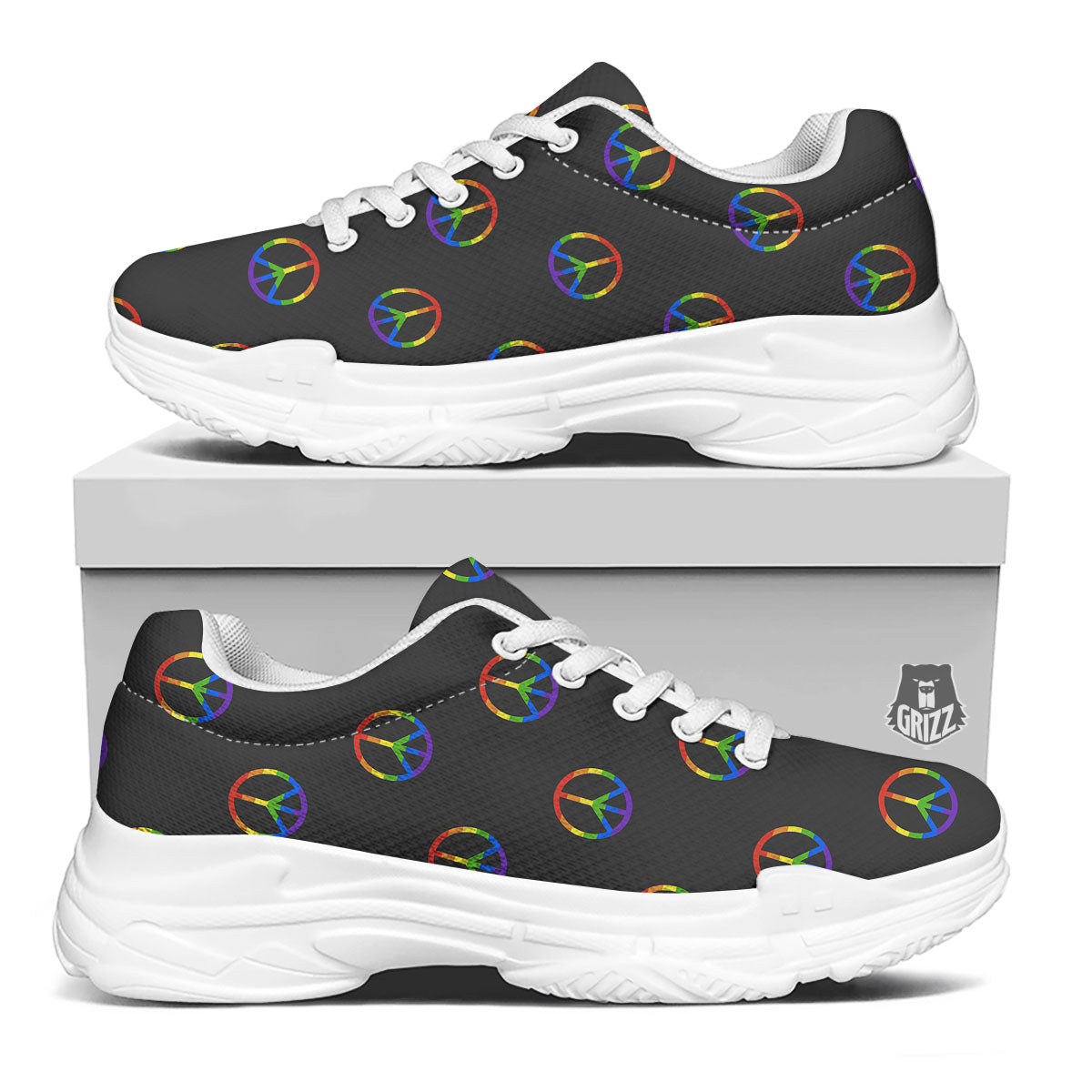 Peace Sign Rainbow LGBT Print Pattern White Chunky Shoes-grizzshop