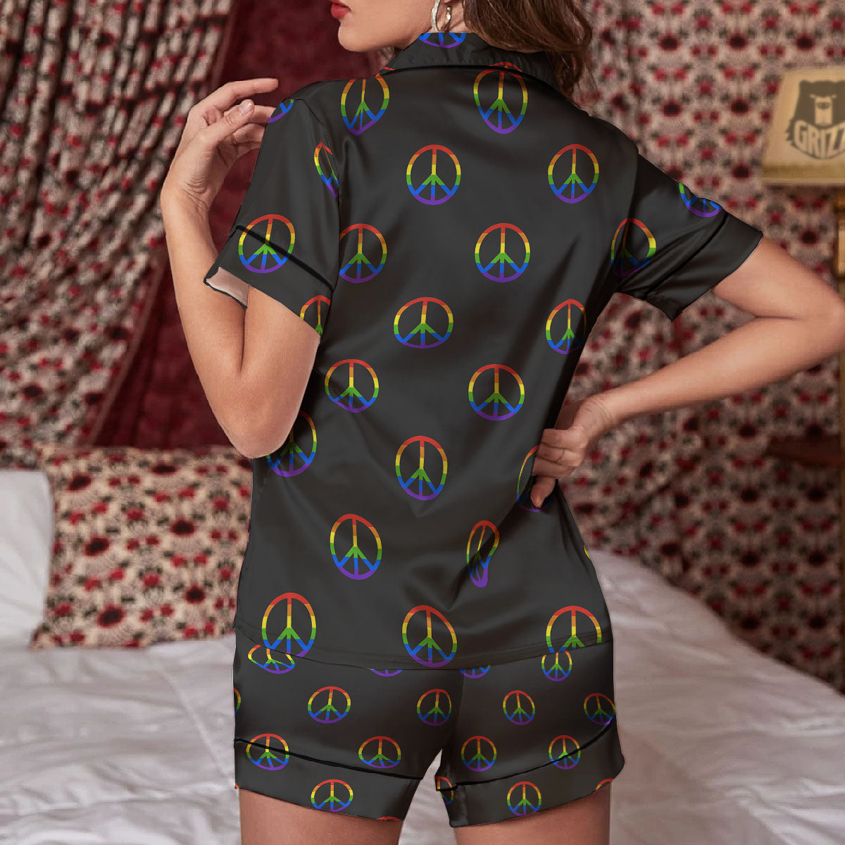 Peace Sign Rainbow LGBT Print Pattern Women Silk Pajamas-grizzshop