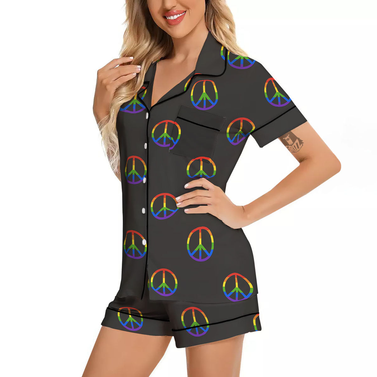 Peace Sign Rainbow LGBT Print Pattern Women Silk Pajamas-grizzshop