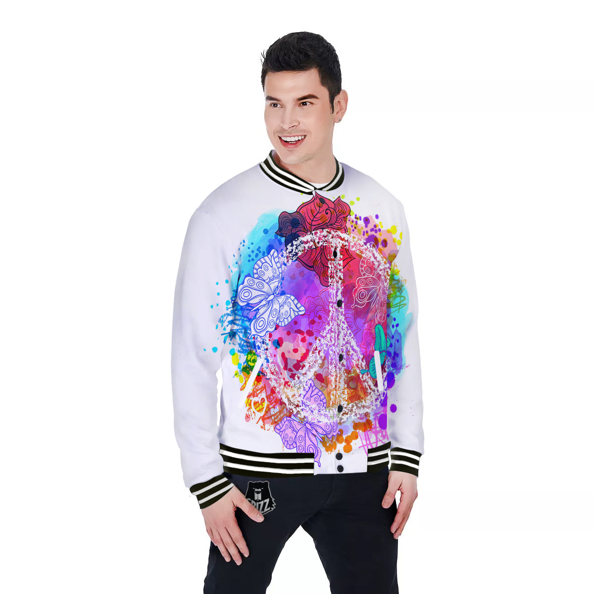 Peace Signs Colorful Hippie Print Baseball Jacket-grizzshop