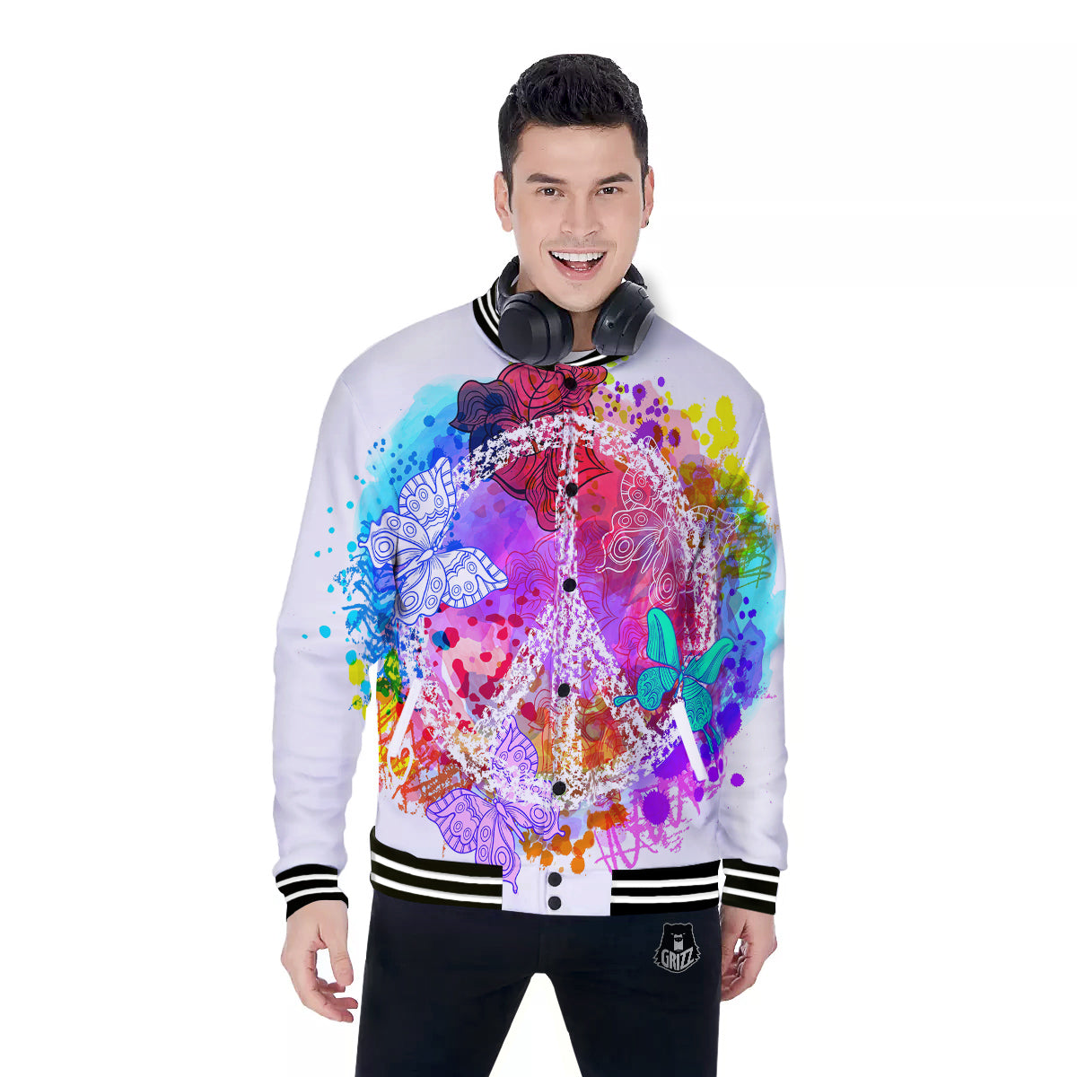 Peace Signs Colorful Hippie Print Baseball Jacket-grizzshop