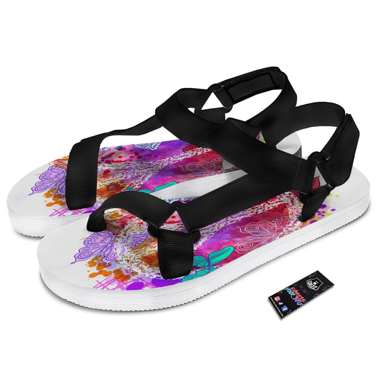 Peace Signs Colorful Hippie Print Black Open Toe Sandals-grizzshop