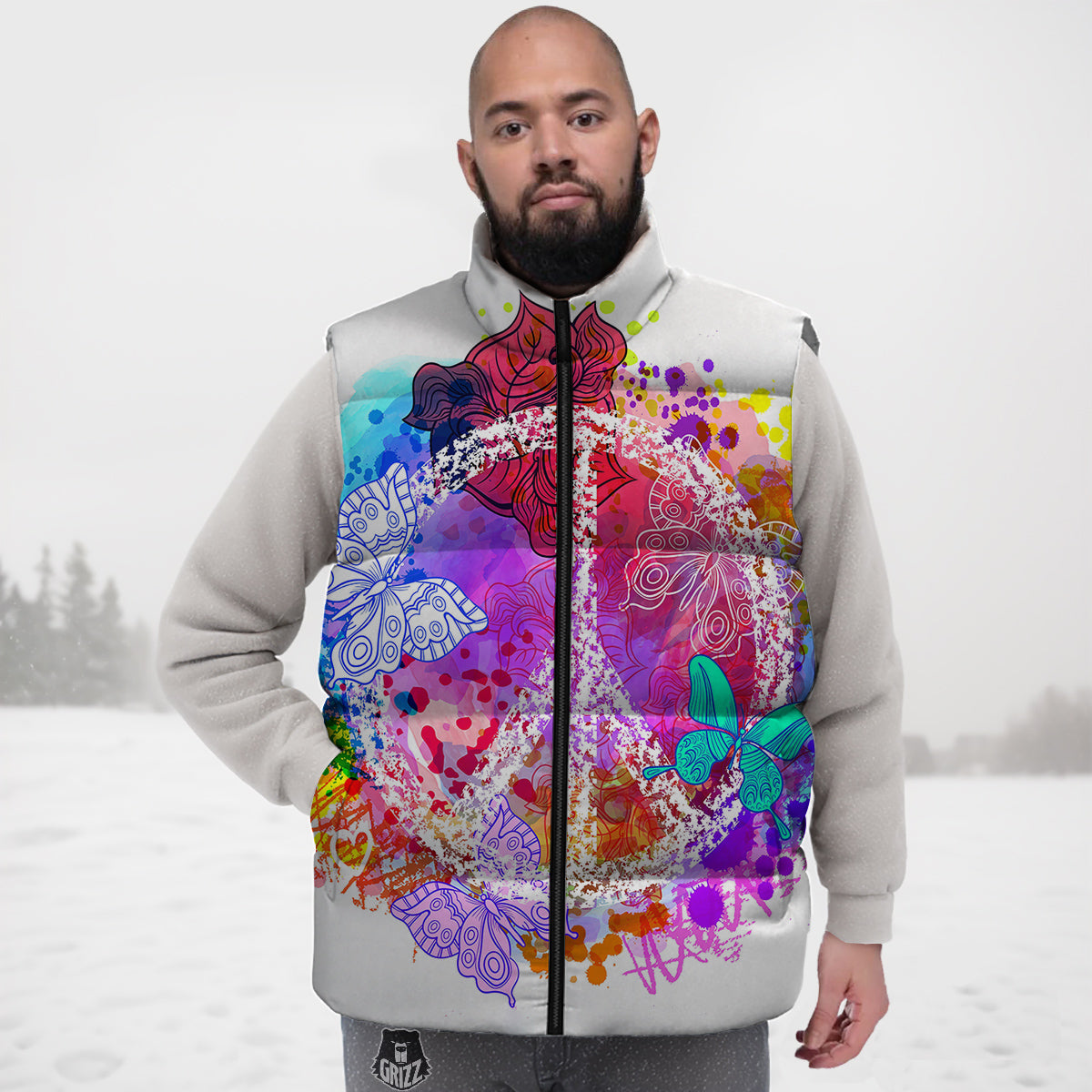 Peace Signs Colorful Hippie Print Down Vest