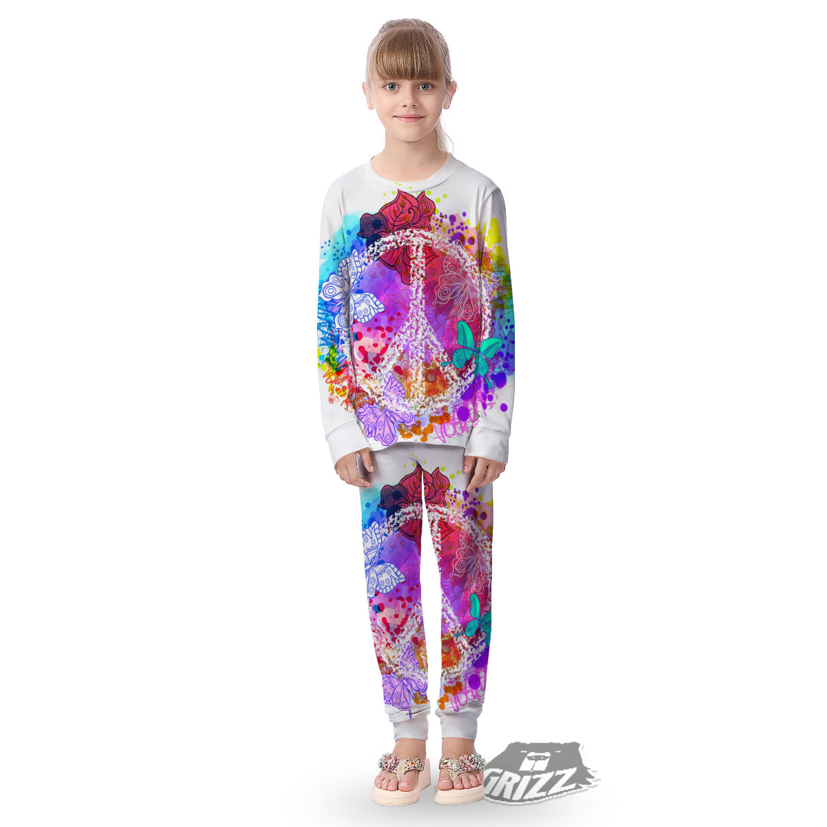 Peace Signs Colorful Hippie Print Kid's Pajamas-grizzshop