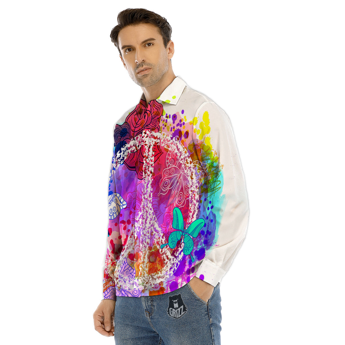 Peace Signs Colorful Hippie Print Men's Dress Shirts-grizzshop