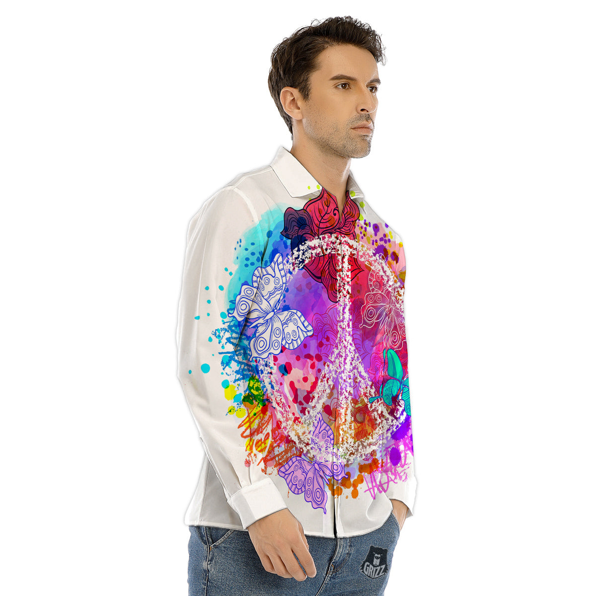 Peace Signs Colorful Hippie Print Men's Dress Shirts-grizzshop