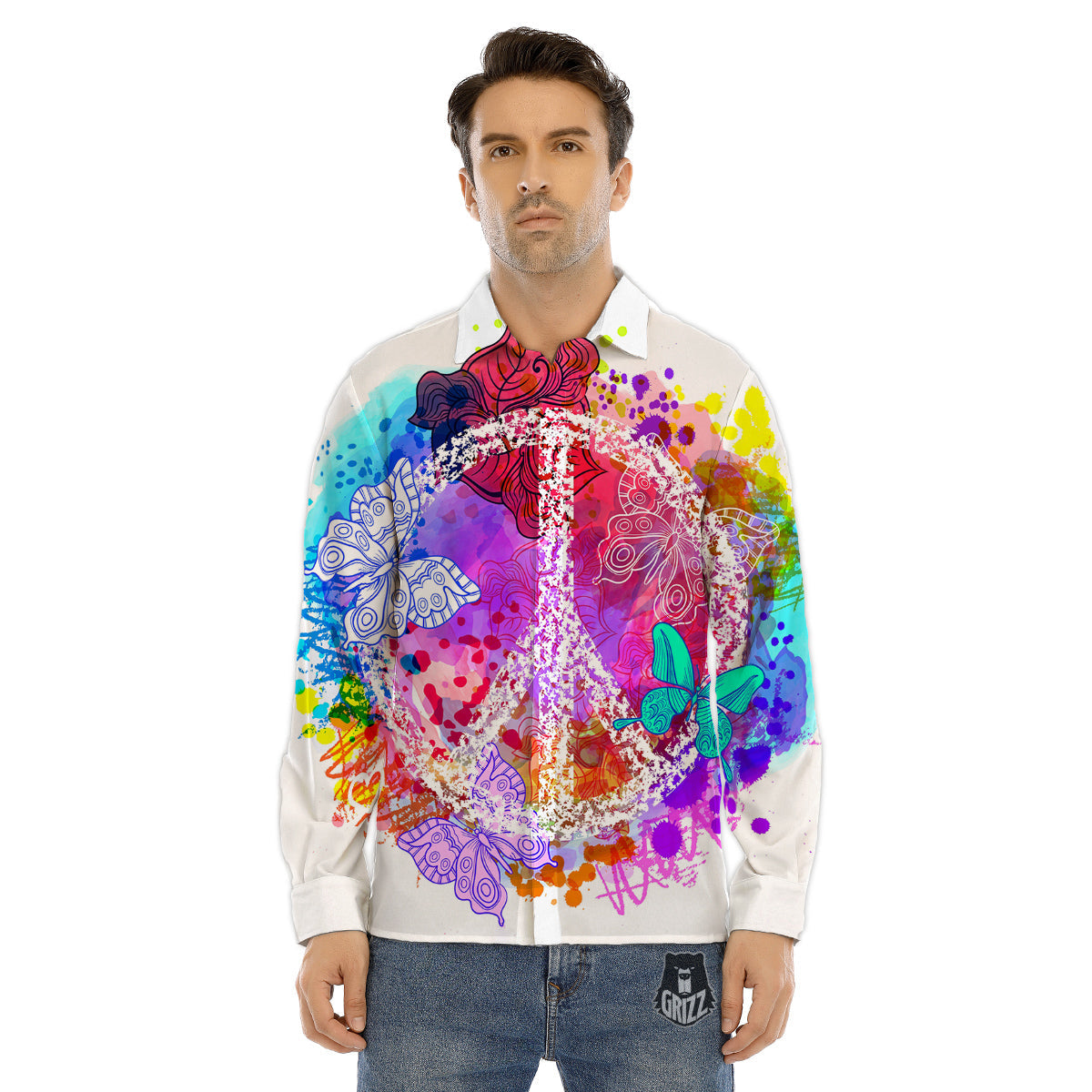 Peace Signs Colorful Hippie Print Men's Dress Shirts-grizzshop