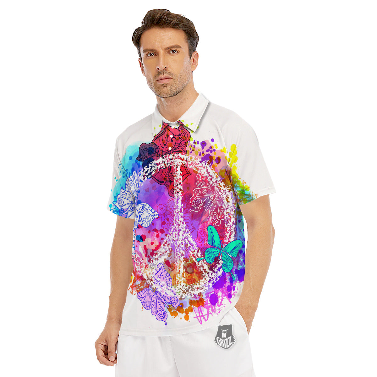Peace Signs Colorful Hippie Print Men's Golf Shirts-grizzshop