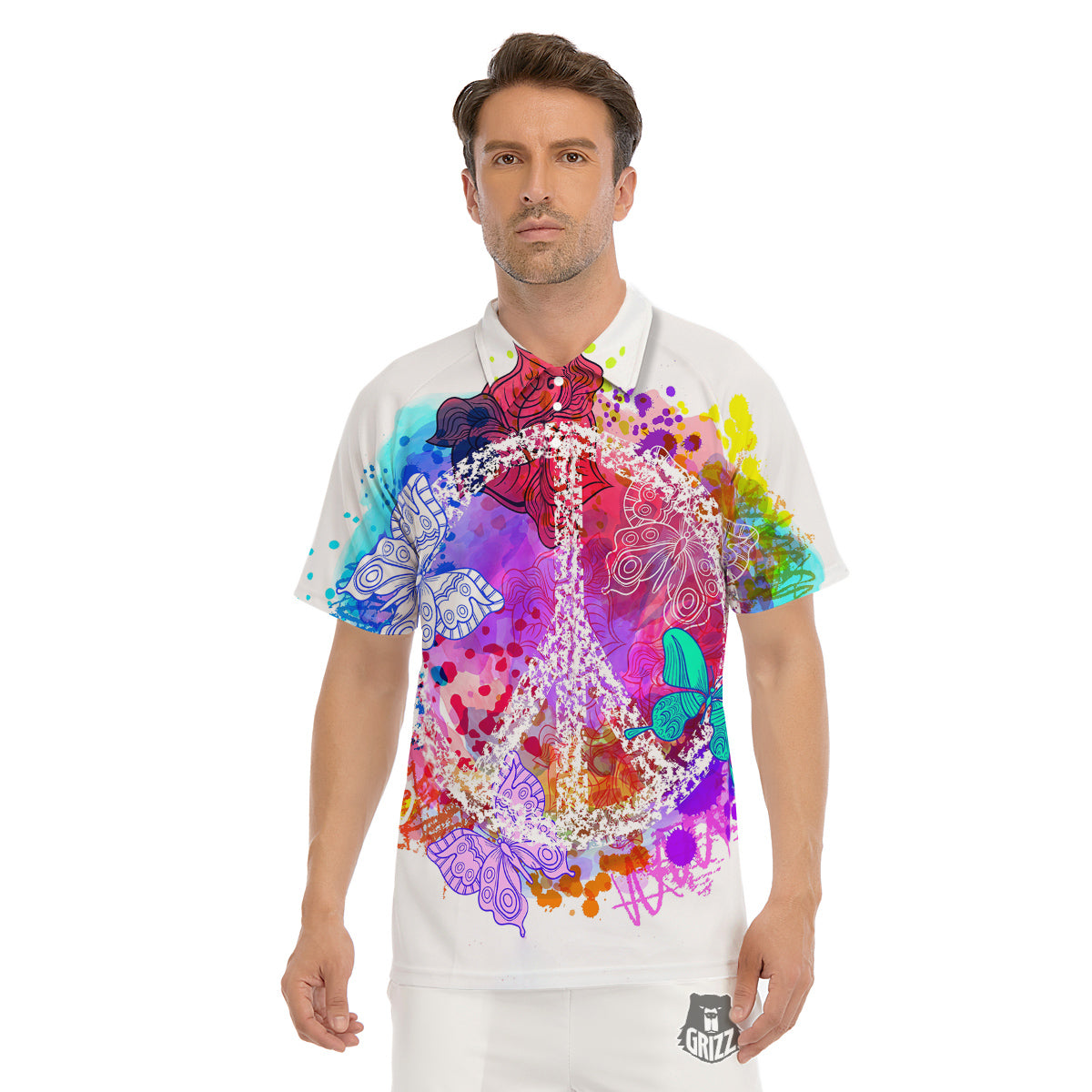 Peace Signs Colorful Hippie Print Men's Golf Shirts-grizzshop
