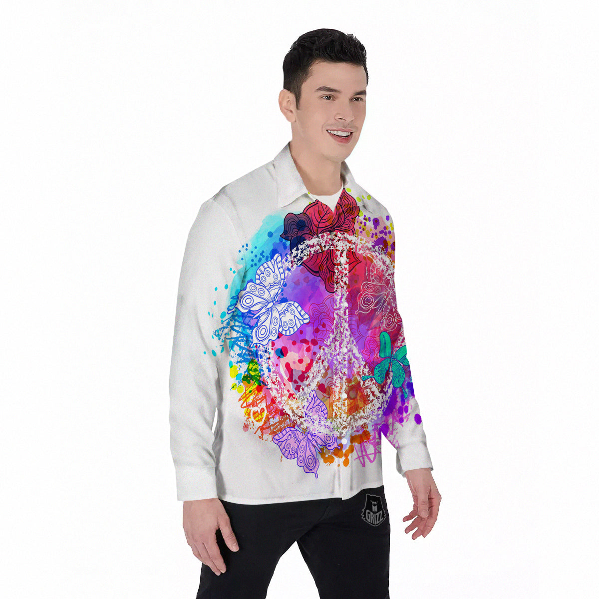 Peace Signs Colorful Hippie Print Men's Long Sleeve Shirts-grizzshop