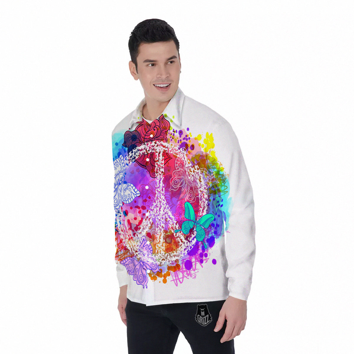 Peace Signs Colorful Hippie Print Men's Long Sleeve Shirts-grizzshop