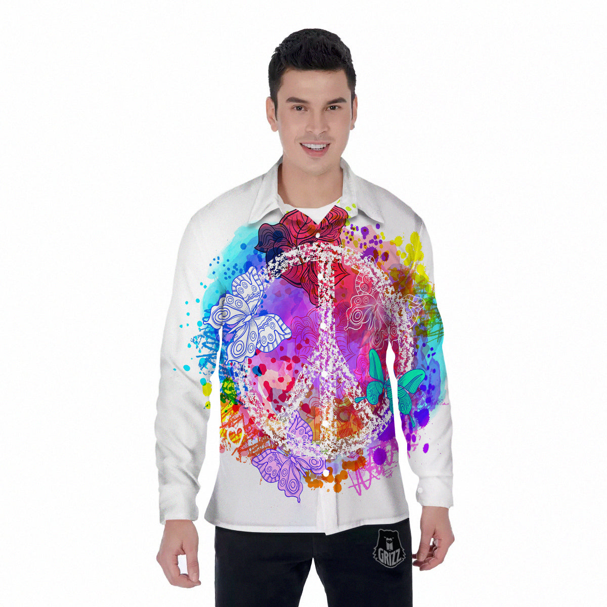 Peace Signs Colorful Hippie Print Men's Long Sleeve Shirts-grizzshop