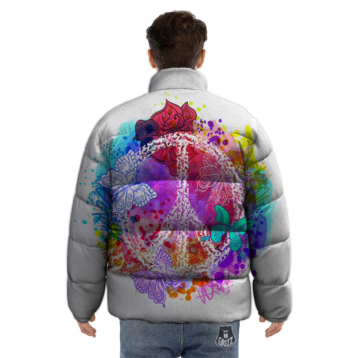 Peace Signs Colorful Hippie Print Puffer Jacket-grizzshop