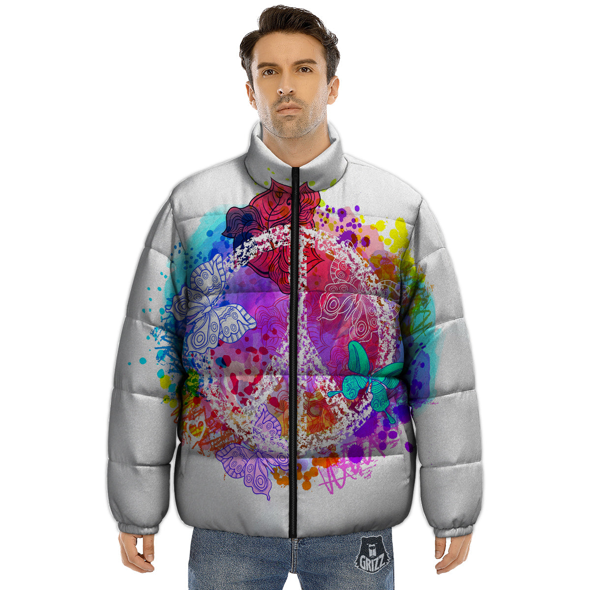 Peace Signs Colorful Hippie Print Puffer Jacket-grizzshop