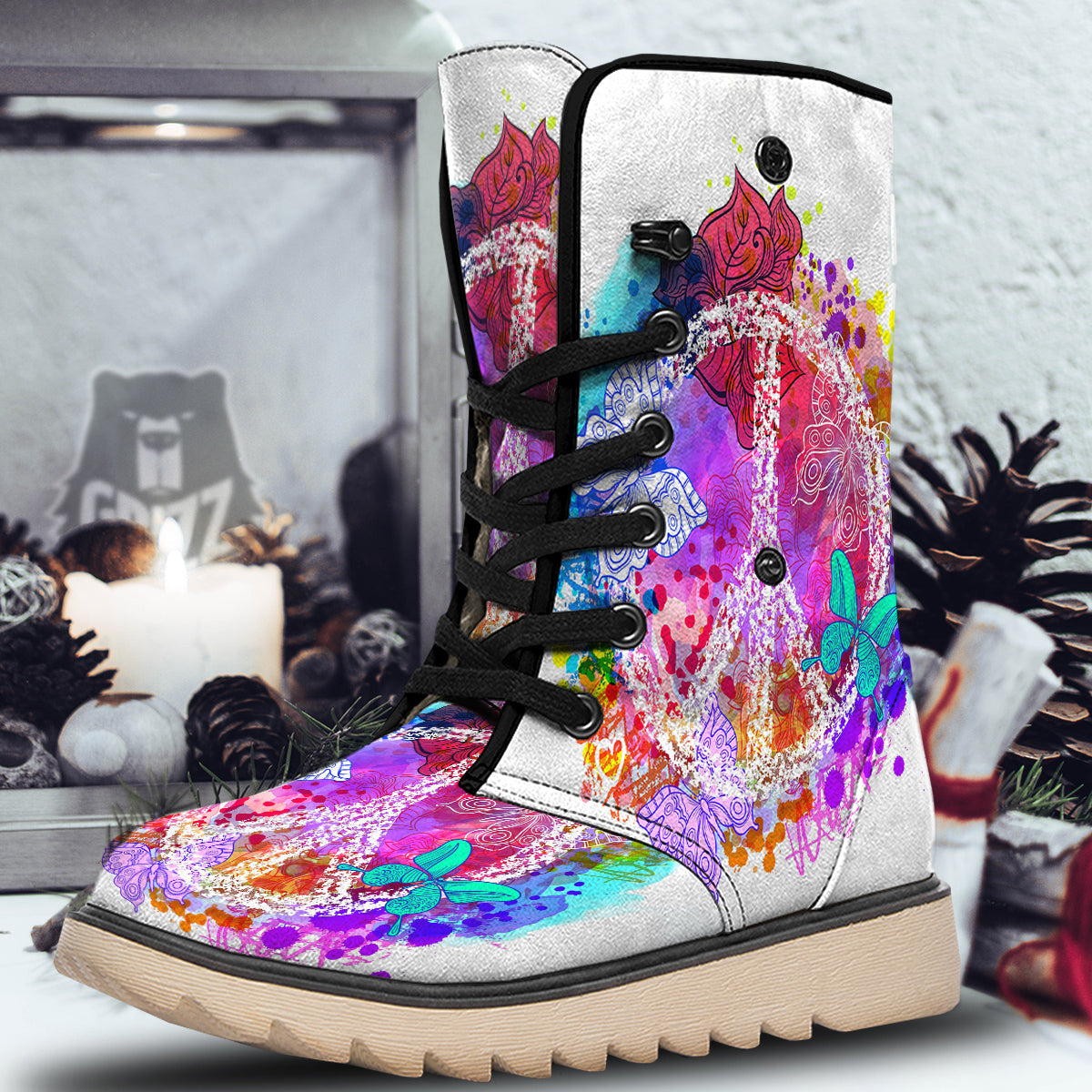 Peace Signs Colorful Hippie Print Snow Boots-grizzshop