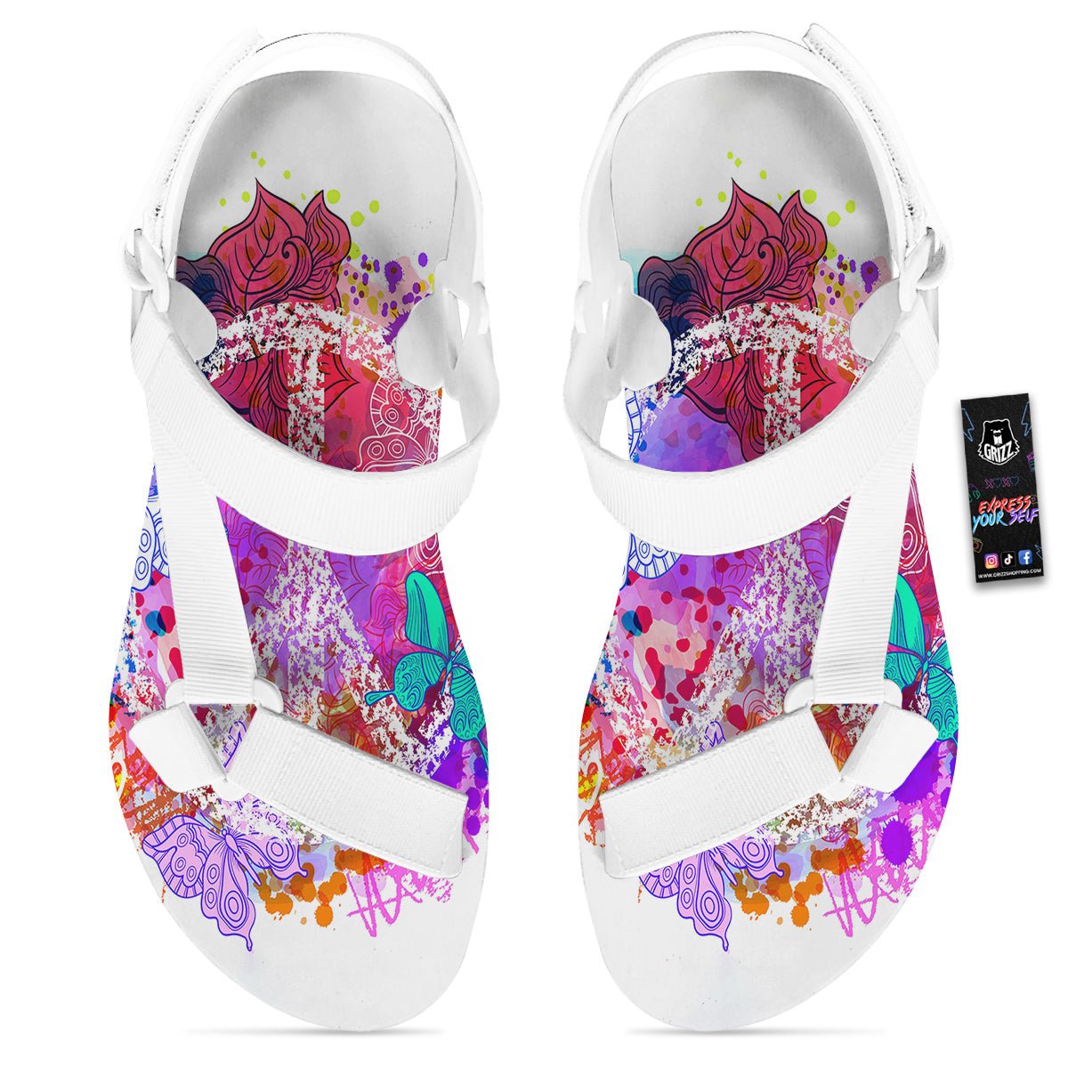 Peace Signs Colorful Hippie Print White Open Toe Sandals-grizzshop