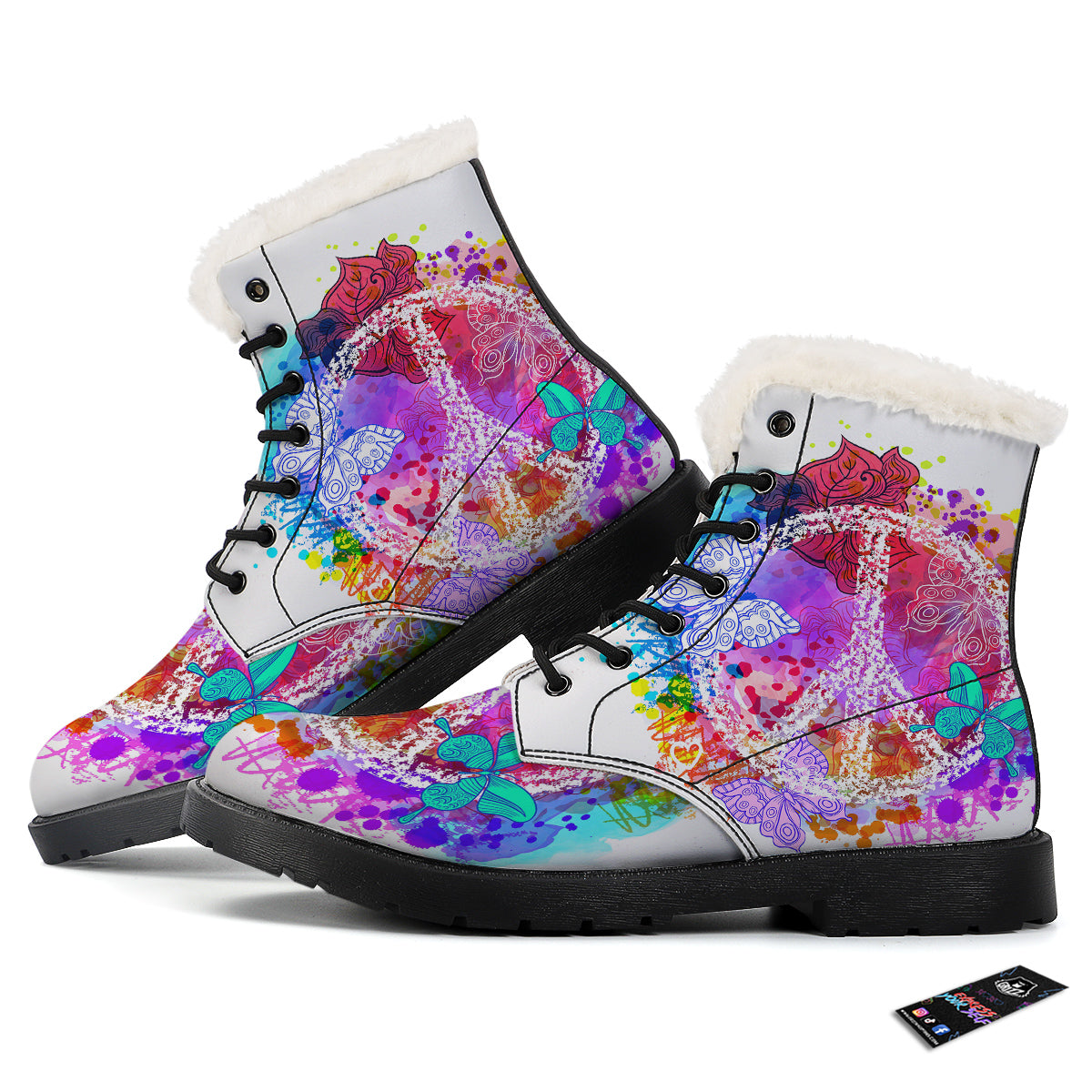 Peace Signs Colorful Hippie Print Winter Boots-grizzshop