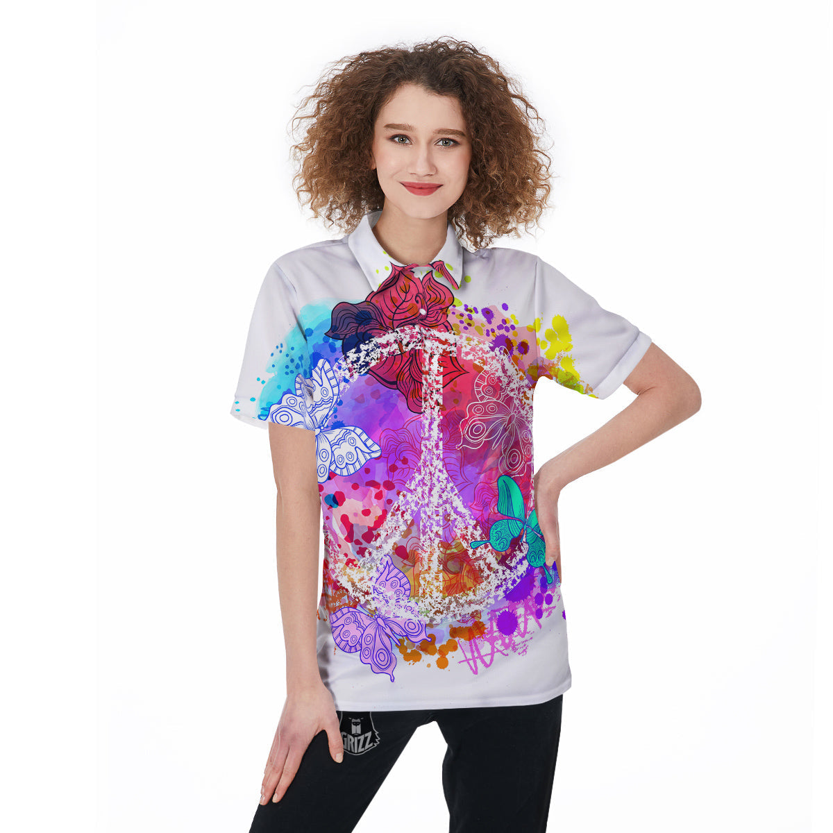 Peace Signs Colorful Hippie Print Women's Golf Shirts-grizzshop