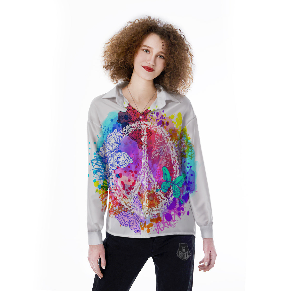 Peace Signs Colorful Hippie Print Women's Long Sleeve Shirts-grizzshop