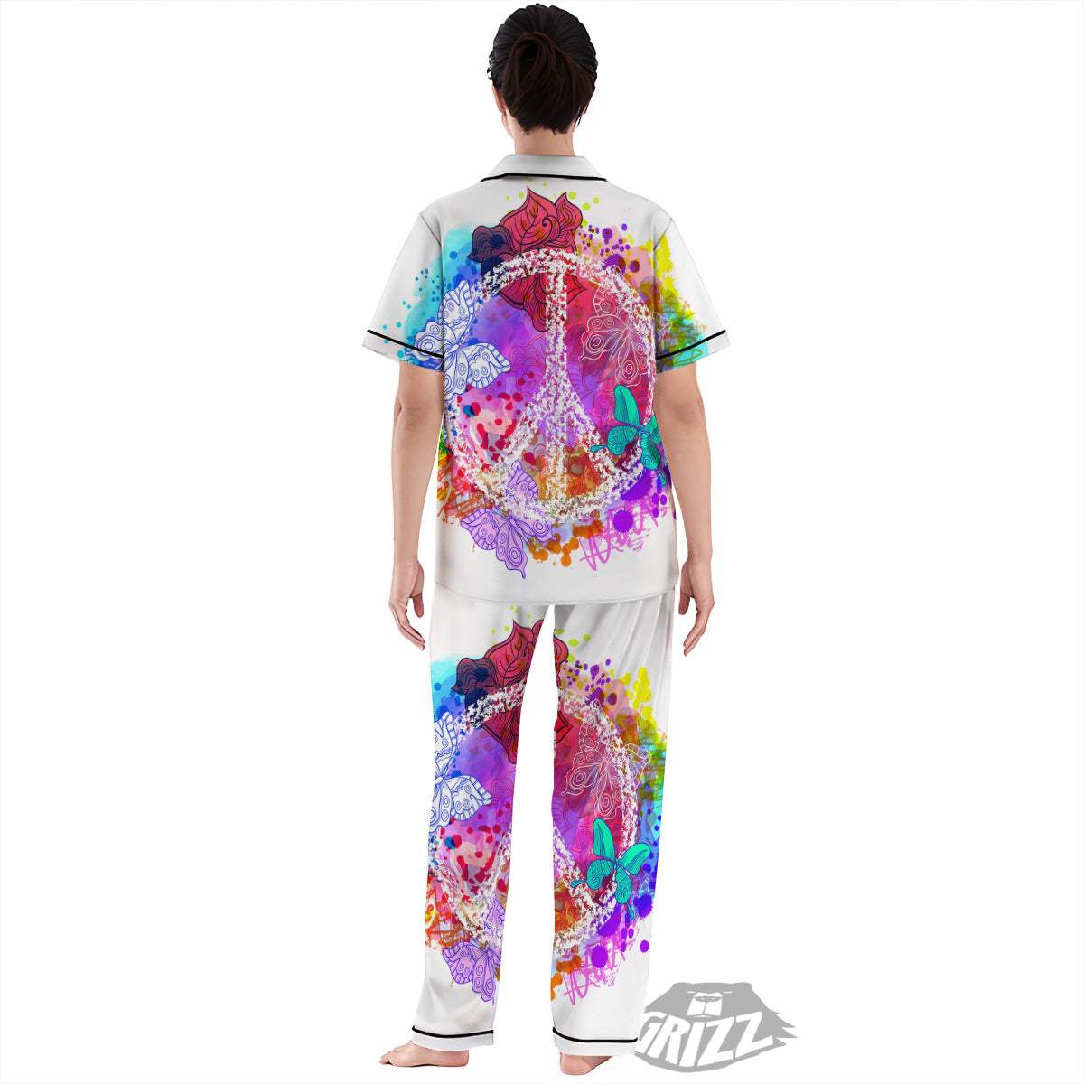 Peace Signs Colorful Hippie Print Women's Pajamas Set-grizzshop