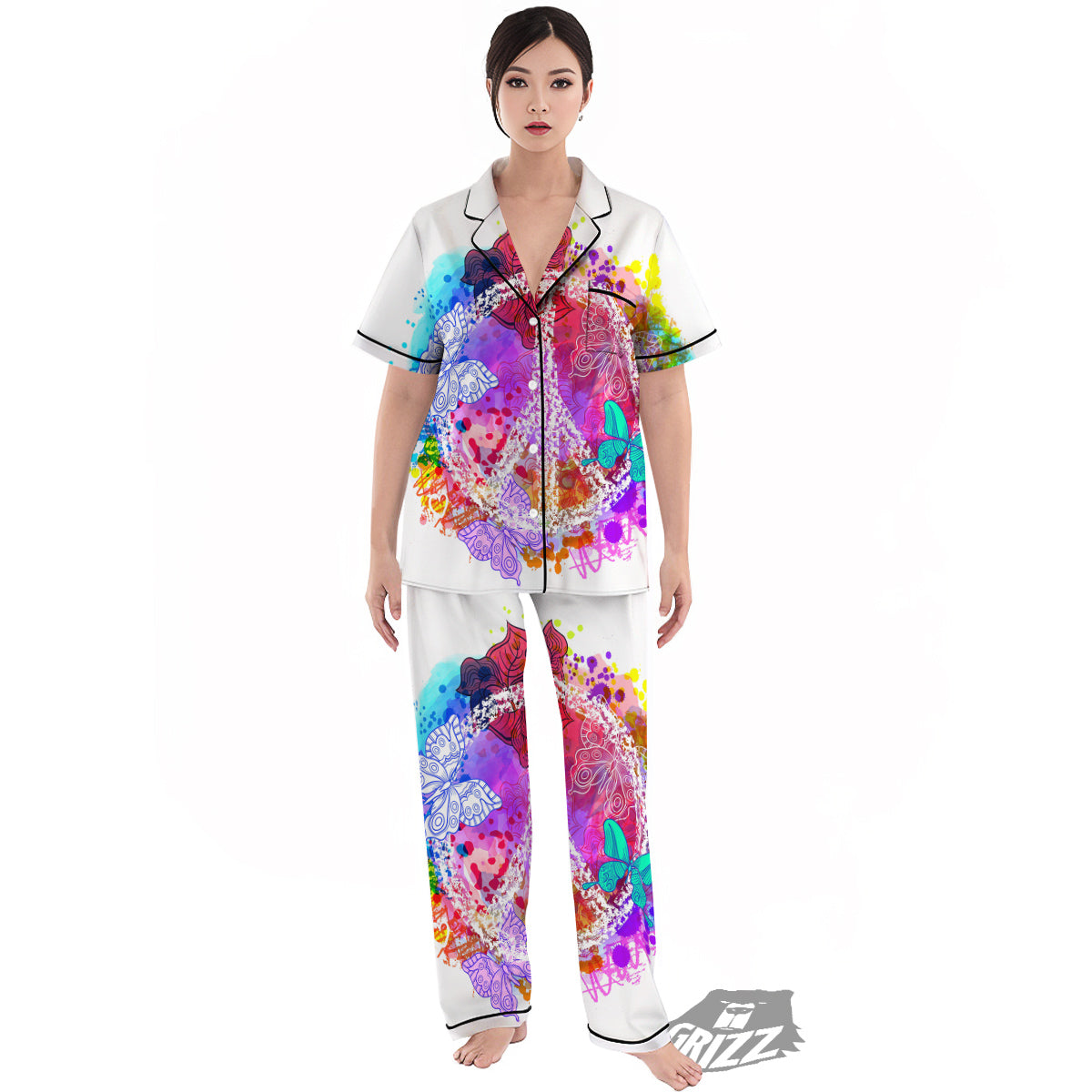 Peace Signs Colorful Hippie Print Women's Pajamas Set-grizzshop