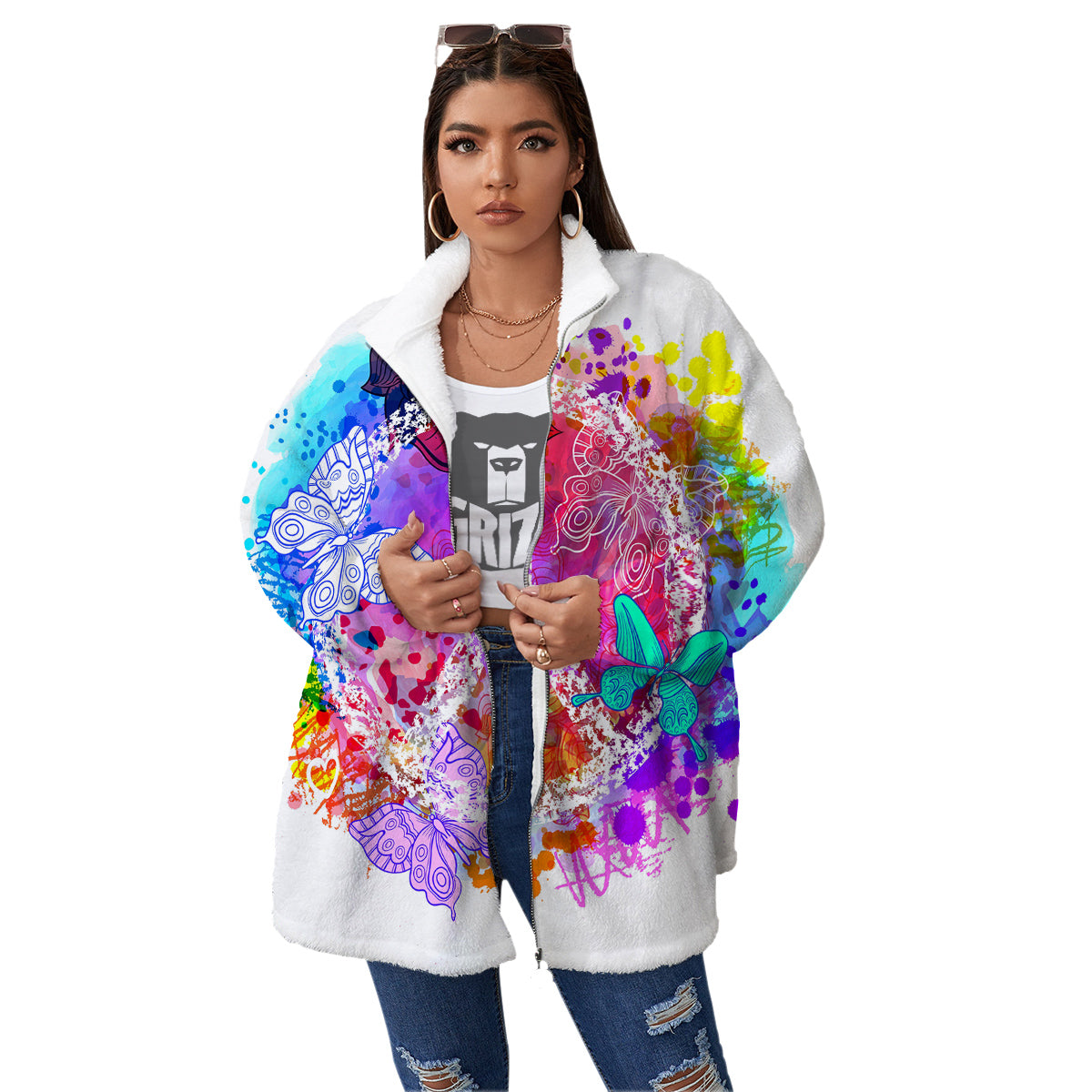 Peace Signs Colorful Hippie Print Women's Sherpa Jacket-grizzshop