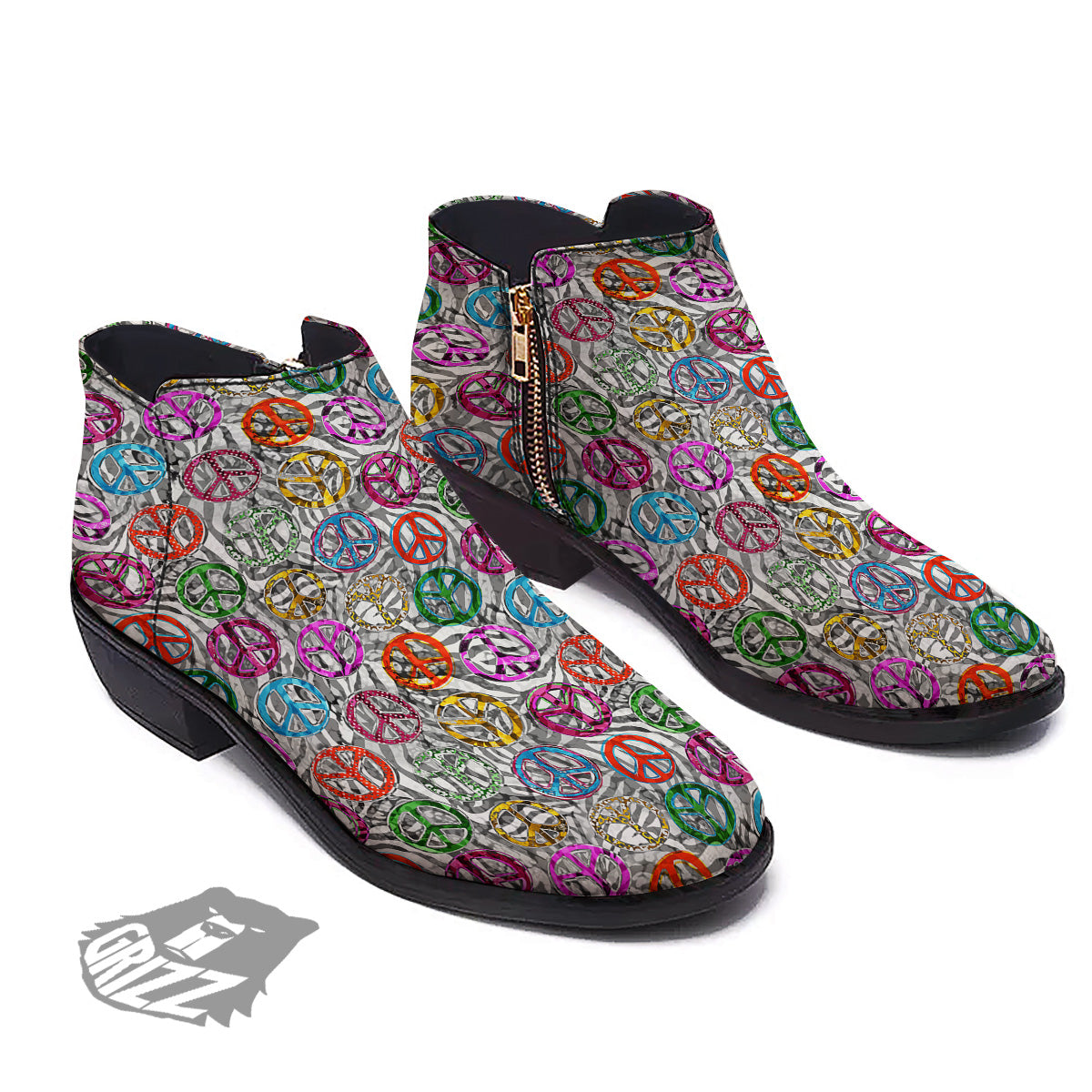 Peace Signs Zebra Print Pattern Ankle Boots-grizzshop