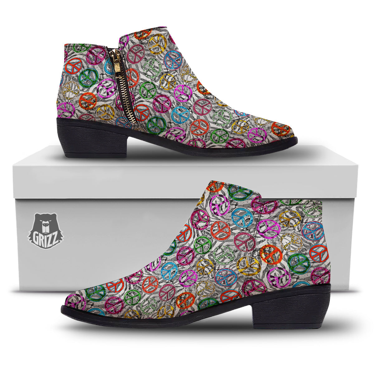 Peace Signs Zebra Print Pattern Ankle Boots-grizzshop