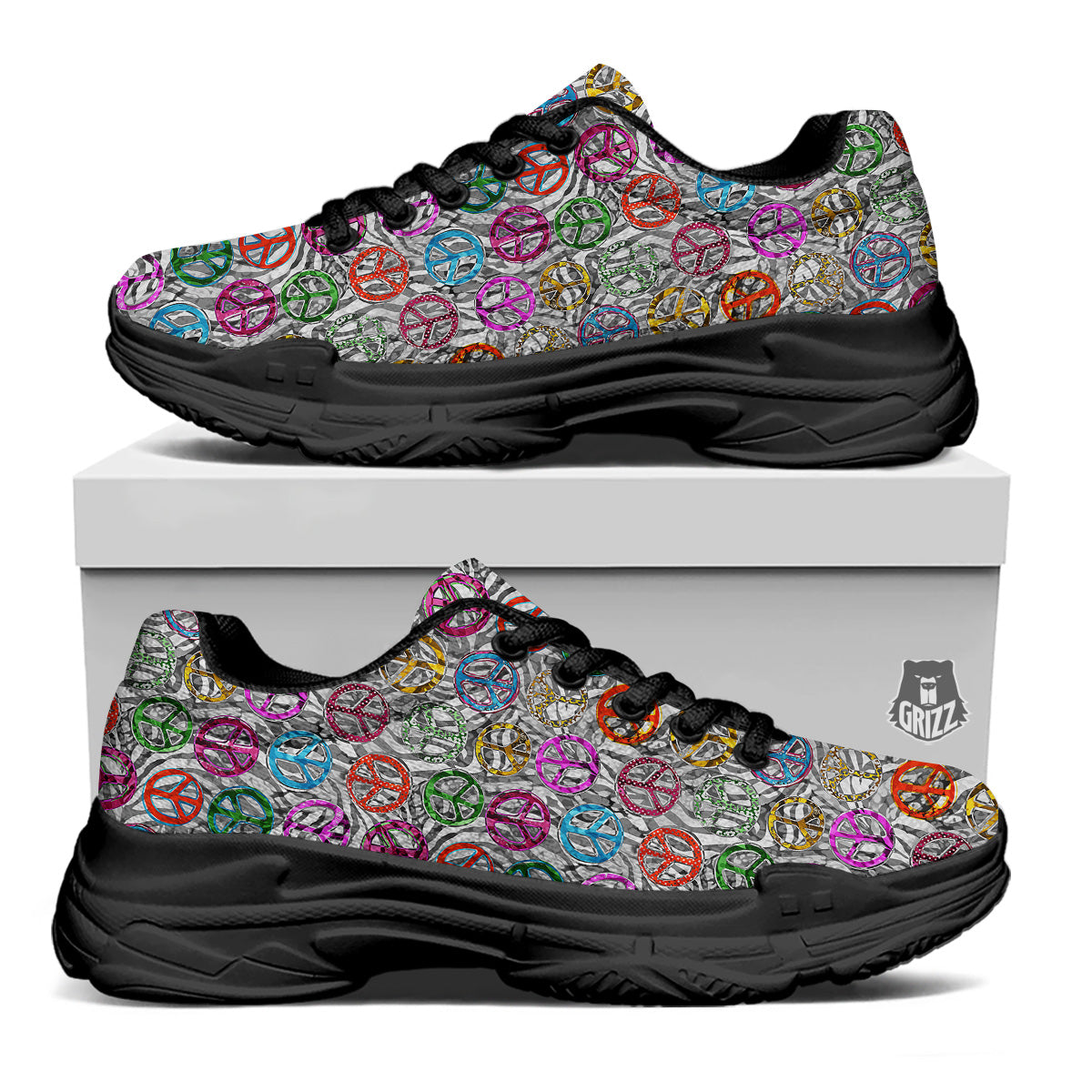Peace Signs Zebra Print Pattern Black Chunky Shoes-grizzshop