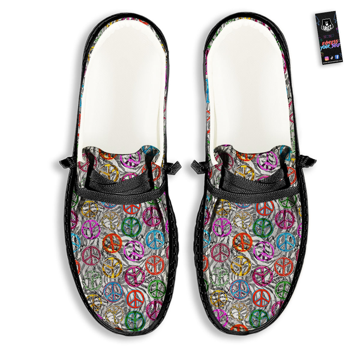 Peace Signs Zebra Print Pattern Black Loafers-grizzshop