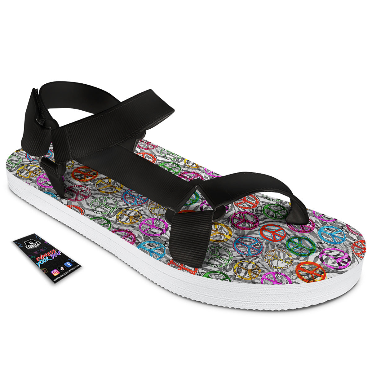 Peace Signs Zebra Print Pattern Black Open Toe Sandals-grizzshop