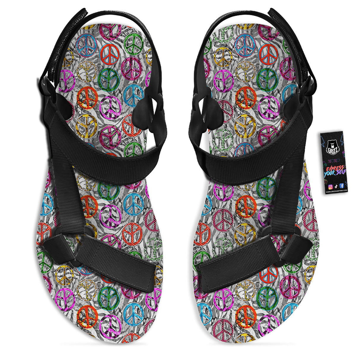 Peace Signs Zebra Print Pattern Black Open Toe Sandals-grizzshop