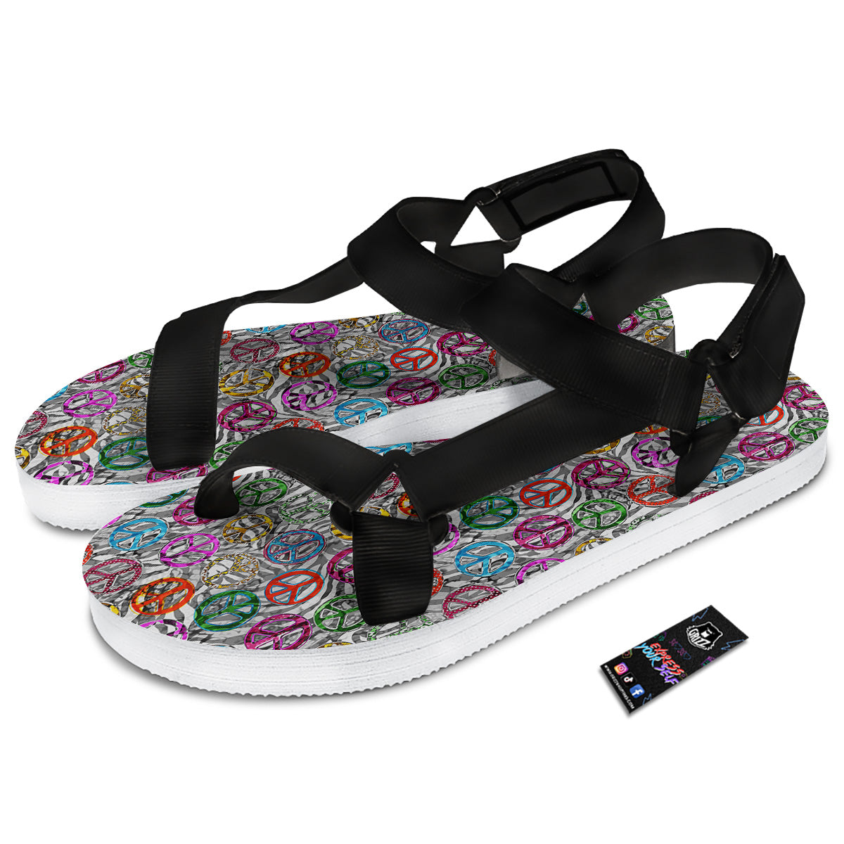 Peace Signs Zebra Print Pattern Black Open Toe Sandals-grizzshop