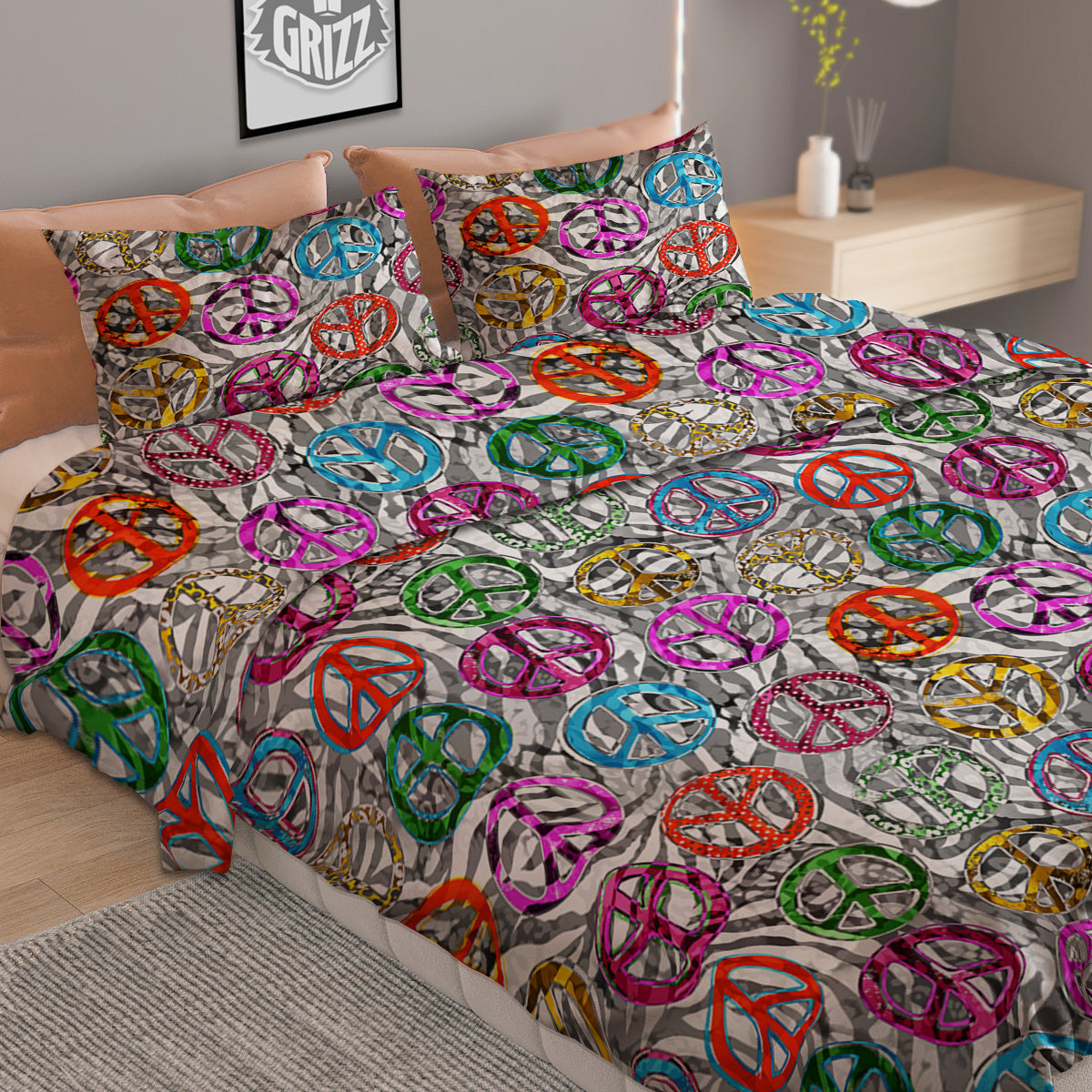 Peace Signs Zebra Print Pattern Duvet Cover Bedding Set