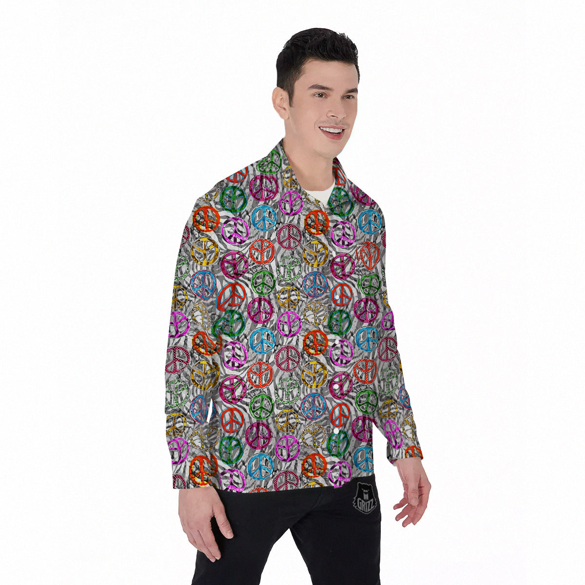 Peace Signs Zebra Print Pattern Men's Long Sleeve Shirts-grizzshop
