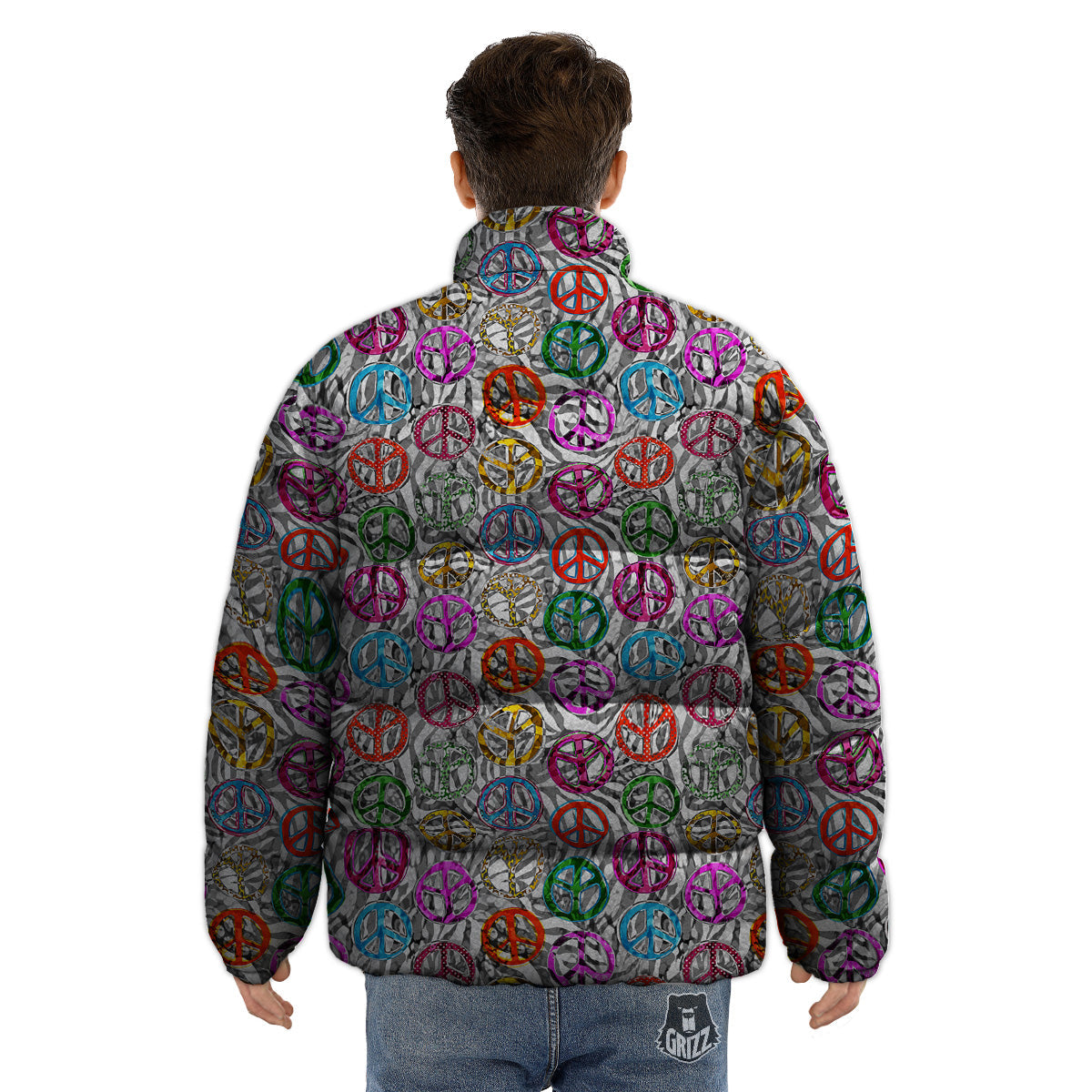 Peace Signs Zebra Print Pattern Puffer Jacket-grizzshop