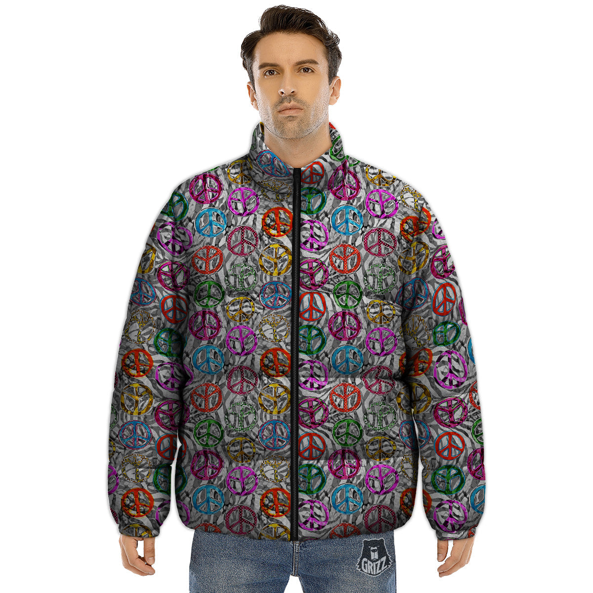 Peace Signs Zebra Print Pattern Puffer Jacket-grizzshop