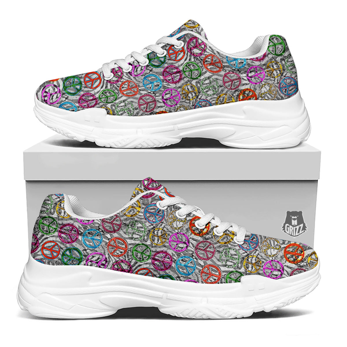 Peace Signs Zebra Print Pattern White Chunky Shoes-grizzshop