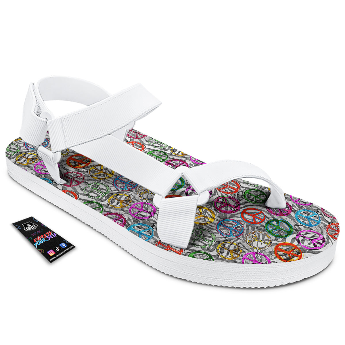 Peace Signs Zebra Print Pattern White Open Toe Sandals-grizzshop