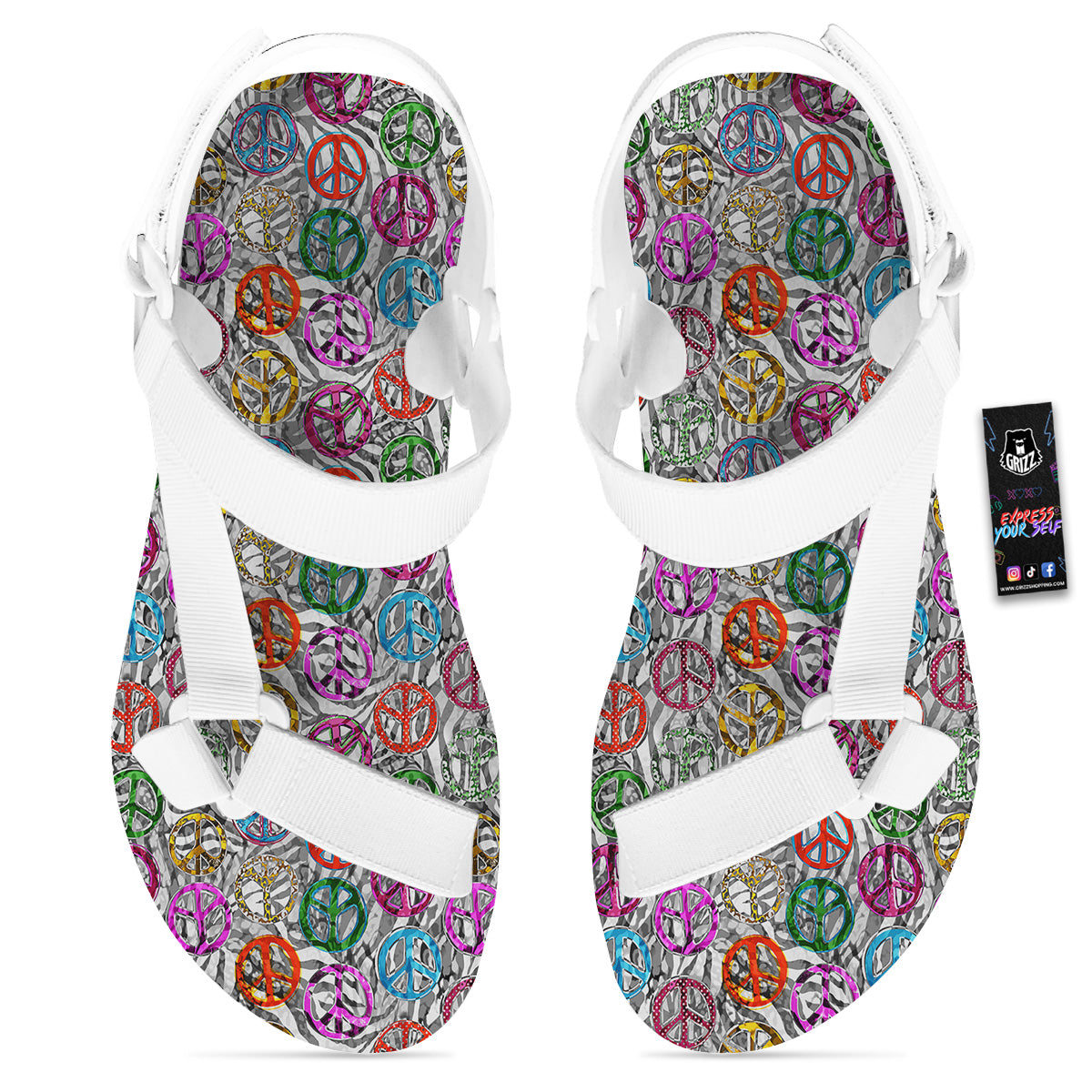 Peace Signs Zebra Print Pattern White Open Toe Sandals-grizzshop