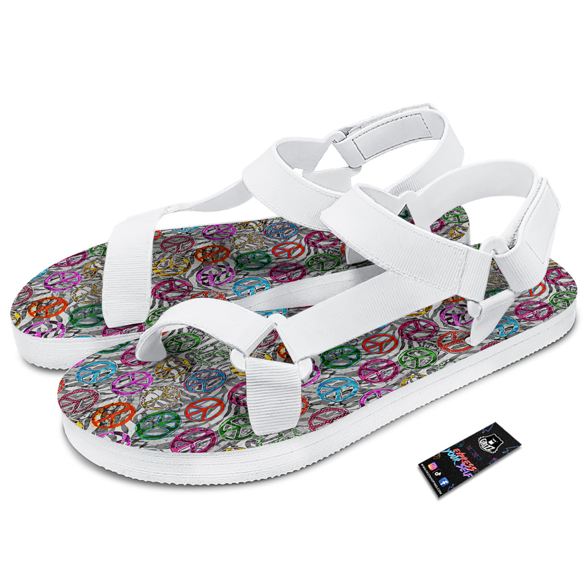 Peace Signs Zebra Print Pattern White Open Toe Sandals-grizzshop