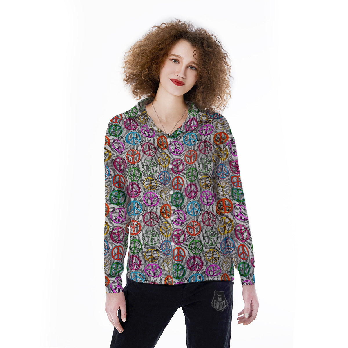 Peace Signs Zebra Print Pattern Women's Long Sleeve Shirts-grizzshop