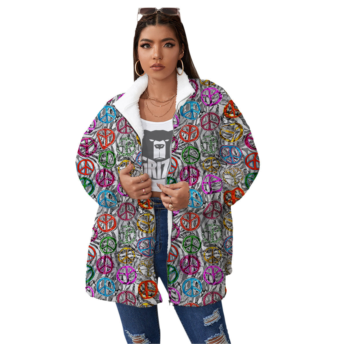 Peace Signs Zebra Print Pattern Women's Sherpa Jacket-grizzshop