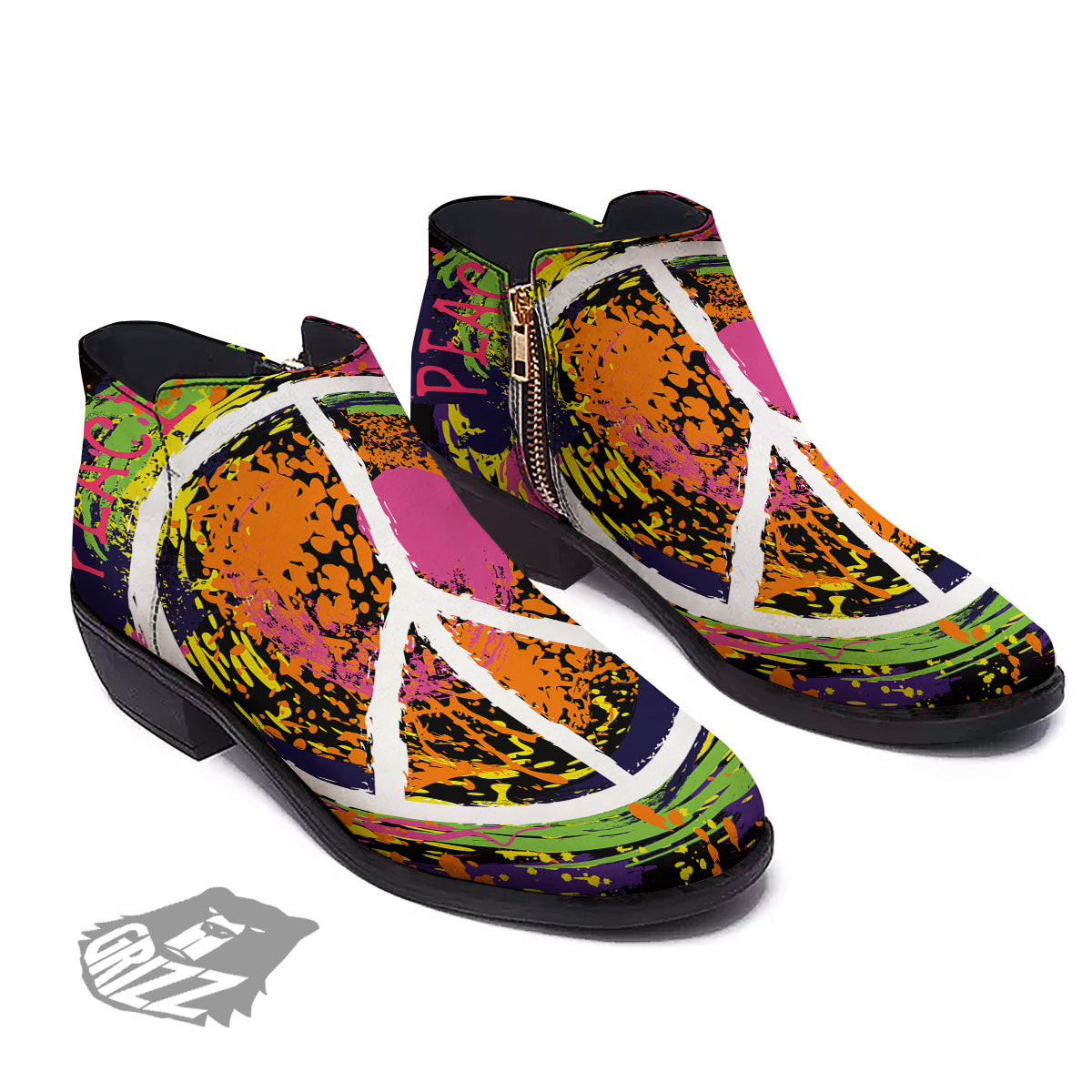 Peace Symbols Colorful Hippie Print Ankle Boots-grizzshop