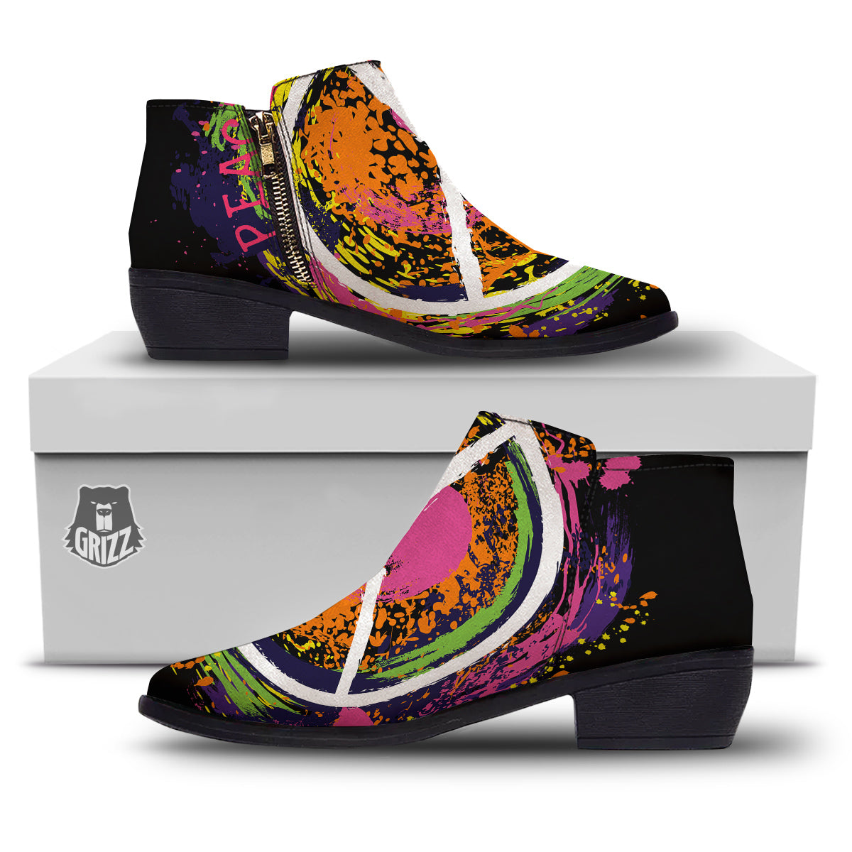 Peace Symbols Colorful Hippie Print Ankle Boots-grizzshop