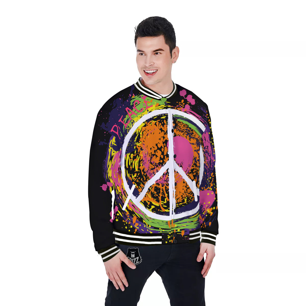 Peace Symbols Colorful Hippie Print Baseball Jacket-grizzshop
