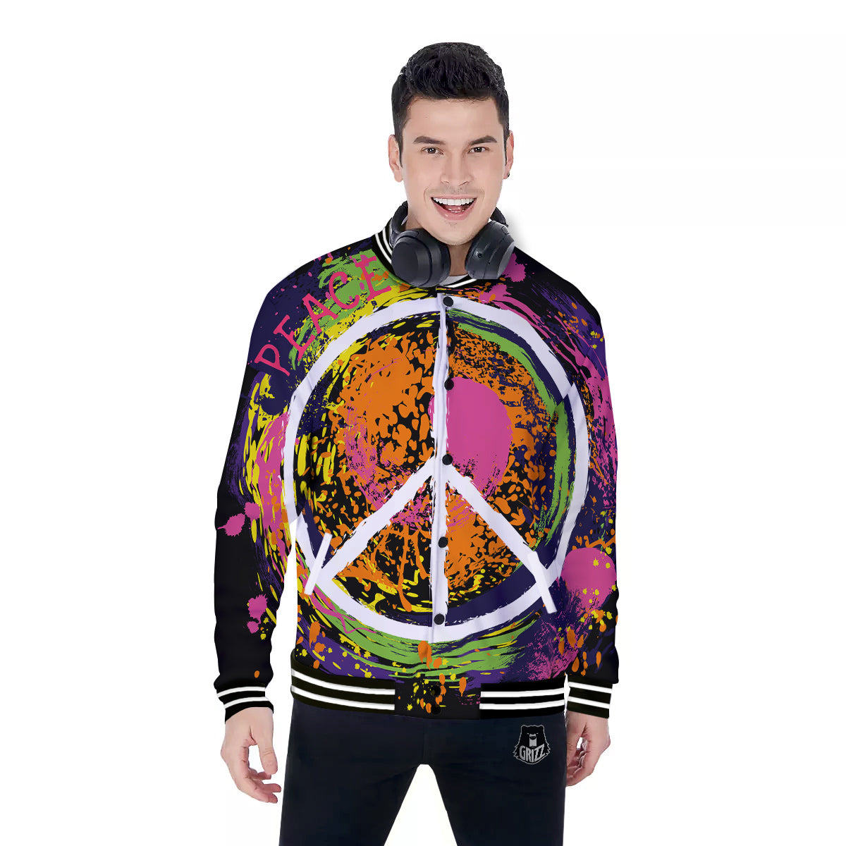 Peace Symbols Colorful Hippie Print Baseball Jacket-grizzshop