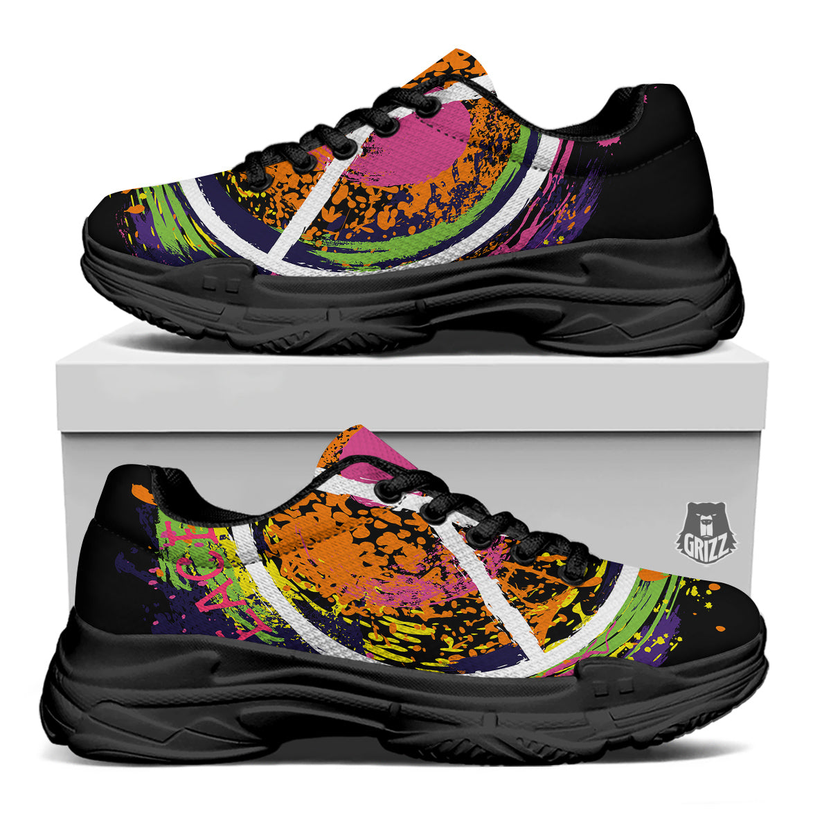 Peace Symbols Colorful Hippie Print Black Chunky Shoes-grizzshop