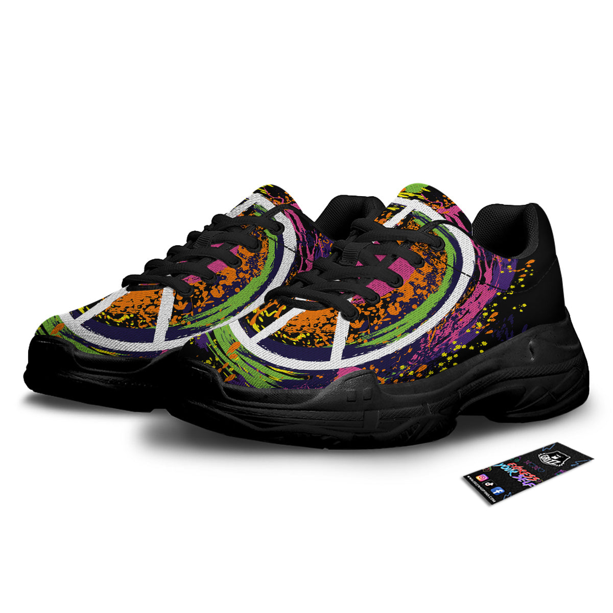 Peace Symbols Colorful Hippie Print Black Chunky Shoes-grizzshop