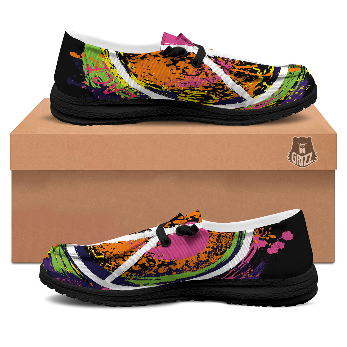 Peace Symbols Colorful Hippie Print Black Loafers-grizzshop